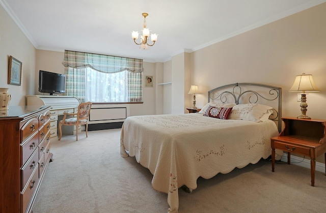 1270 N Ave Unit 3A, New Rochelle, NY 10804 - bedroom with light colored carpet, a chandelier, and ornamental molding
