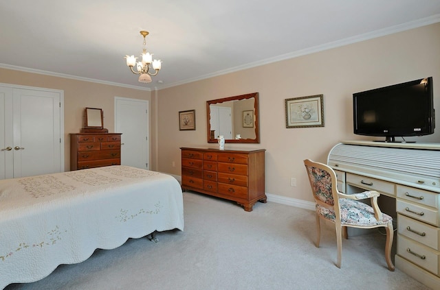1270 N Ave Unit 3A, New Rochelle, NY 10804 - bedroom featuring a chandelier, ornamental molding, light colored carpet, and baseboards