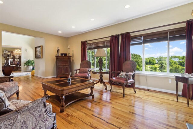96 Cherry Hill Ct, Briarcliff Manor, NY 10510 - living area featuring a chandelier, healthy amount of natural light, light wood-style flooring, baseboards, and recessed lighting
