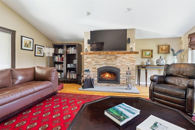 96 Cherry Hill Ct, Briarcliff Manor, NY 10510 - living room featuring lofted ceiling, a fireplace, and wood finished floors