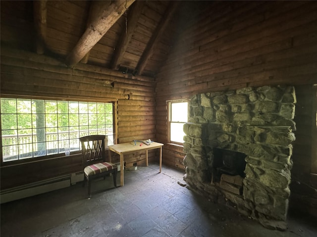 68 Union School Rd, Montgomery, NY 12549 - office area with a baseboard radiator, wood ceiling with exposed beams, healthy amount of natural light, and high vaulted ceiling