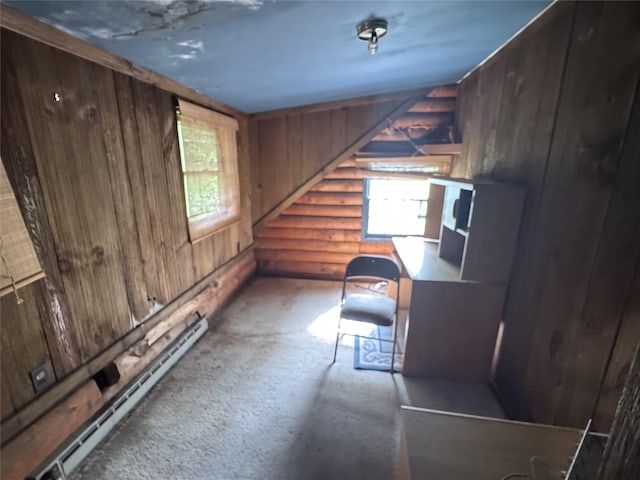 68 Union School Rd, Montgomery, NY 12549 - unfurnished office featuring baseboard heating, rustic walls, carpet, and wood walls