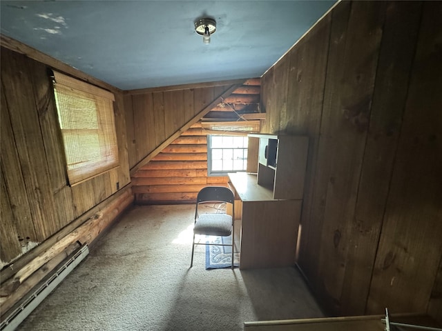 68 Union School Rd, Montgomery, NY 12549 - unfurnished office featuring a baseboard radiator, log walls, carpet flooring, and wooden walls