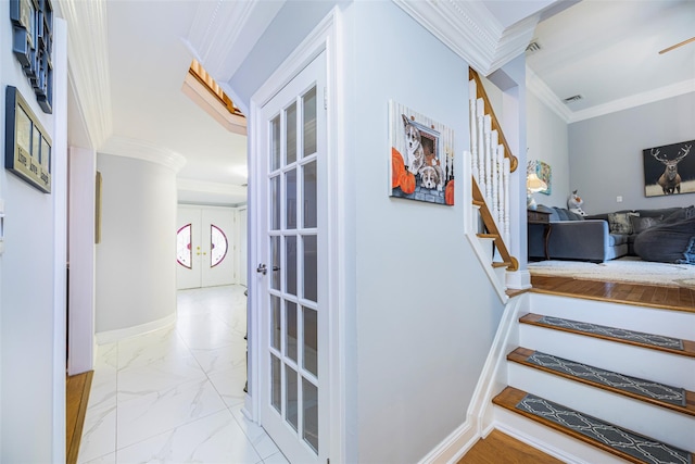 8 Marietta Dr, Westbury, NY 11590 - stairway featuring crown molding, marble finish flooring, and baseboards