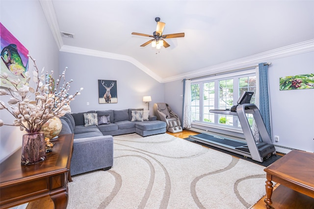 8 Marietta Dr, Westbury, NY 11590 - living area with a ceiling fan, wood finished floors, lofted ceiling, and crown molding