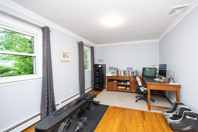 8 Marietta Dr, Westbury, NY 11590 - office space featuring wood finished floors, ornamental molding, and a baseboard radiator