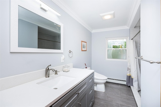 8 Marietta Dr, Westbury, NY 11590 - bathroom featuring baseboard heating, vanity, toilet, crown molding, and a shower with curtain