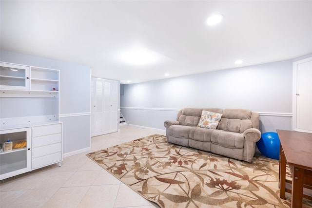 8 Marietta Dr, Westbury, NY 11590 - living room featuring light tile patterned flooring, stairway, recessed lighting, and baseboards