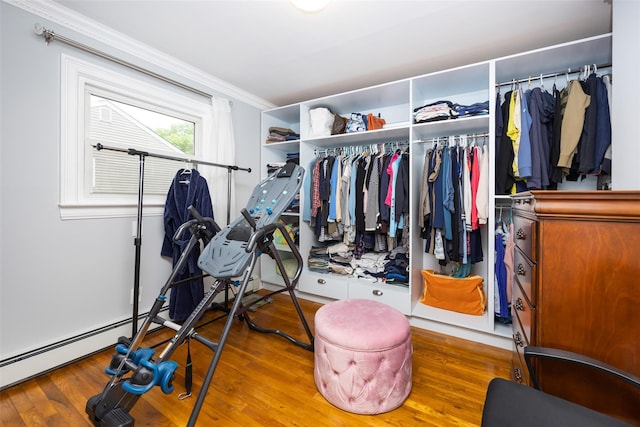 8 Marietta Dr, Westbury, NY 11590 - walk in closet featuring wood finished floors and baseboard heating