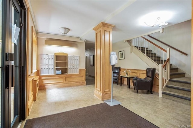51 White Oak Unit 1H, New Rochelle, NY 10801 - foyer entrance with decorative columns, stairs, and tile patterned floors