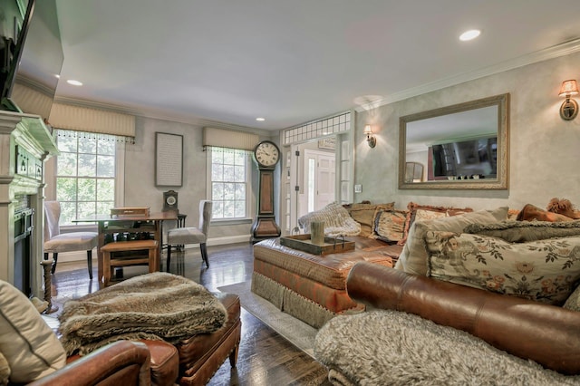 70A Davis Rd, Port Washington, NY 11050 - living room with dark wood finished floors, a fireplace, crown molding, and recessed lighting