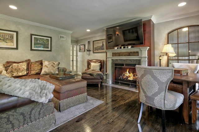 70A Davis Rd, Port Washington, NY 11050 - living area featuring hardwood / wood-style flooring, a fireplace, recessed lighting, and crown molding