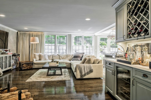 70A Davis Rd, Port Washington, NY 11050 - living room with beverage cooler, crown molding, dark wood-style flooring, a dry bar, and recessed lighting