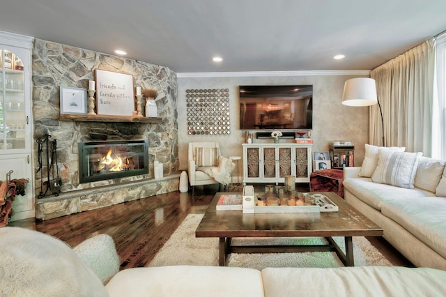 70A Davis Rd, Port Washington, NY 11050 - living area with wood finished floors, a fireplace, and crown molding