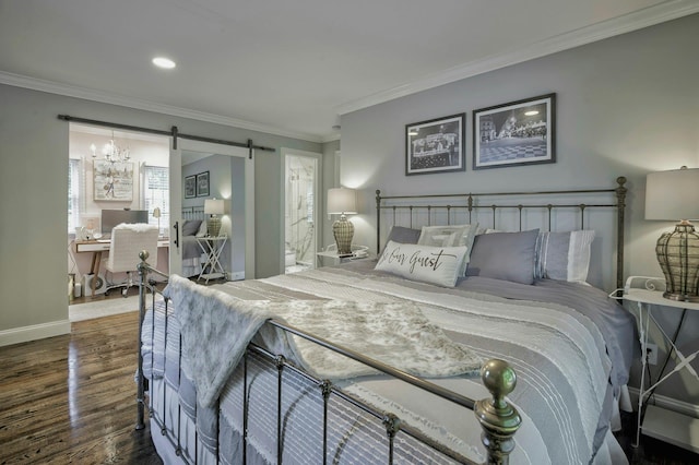70A Davis Rd, Port Washington, NY 11050 - bedroom featuring ornamental molding, wood finished floors, a barn door, baseboards, and an office area