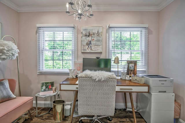 70A Davis Rd, Port Washington, NY 11050 - office space featuring a chandelier, ornamental molding, baseboards, and wood finished floors