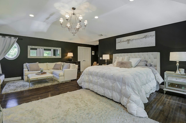 70A Davis Rd, Port Washington, NY 11050 - bedroom featuring a chandelier, wood finished floors, recessed lighting, baseboards, and vaulted ceiling