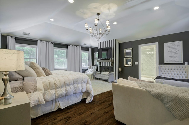 70A Davis Rd, Port Washington, NY 11050 - bedroom featuring dark wood-style flooring, a chandelier, multiple windows, lofted ceiling, and recessed lighting