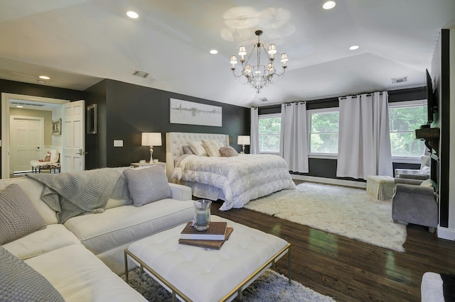70A Davis Rd, Port Washington, NY 11050 - bedroom with lofted ceiling, dark wood-style flooring, a chandelier, and recessed lighting