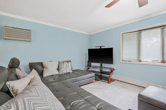 29 Patchogue Rd, Sound Beach, NY 11789 - living area with crown molding, ceiling fan, wood finished floors, and a wall mounted AC