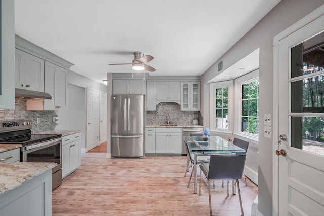 29 Patchogue Rd, Sound Beach, NY 11789 - kitchen featuring appliances with stainless steel finishes, under cabinet range hood, backsplash, and light wood-style flooring