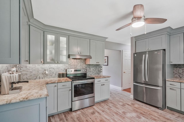 29 Patchogue Rd, Sound Beach, NY 11789 - kitchen featuring appliances with stainless steel finishes, under cabinet range hood, gray cabinetry, and decorative backsplash