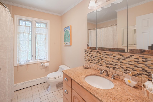 29 Patchogue Rd, Sound Beach, NY 11789 - full bath featuring a baseboard radiator, backsplash, tile patterned flooring, vanity, and crown molding