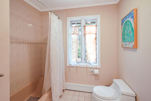 29 Patchogue Rd, Sound Beach, NY 11789 - full bathroom with baseboard heating, shower / bath combination with curtain, ornamental molding, and tile patterned floors