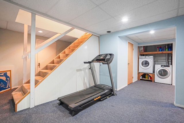 29 Patchogue Rd, Sound Beach, NY 11789 - workout area with carpet, washing machine and dryer, a drop ceiling, and recessed lighting