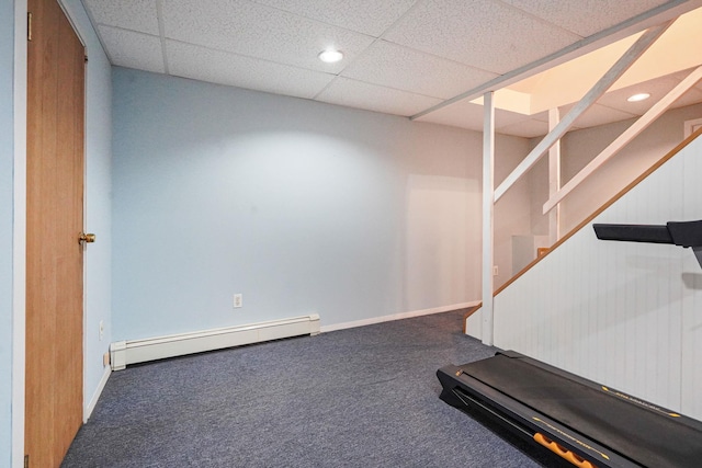 29 Patchogue Rd, Sound Beach, NY 11789 - workout area featuring a baseboard heating unit, carpet flooring, a drop ceiling, and recessed lighting