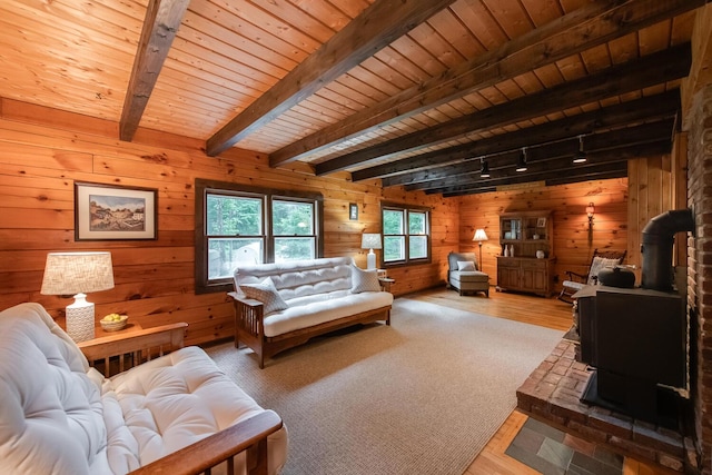 1206 Hollow Rd, Clinton Corners, NY 12514 - living area featuring a wood stove, wood walls, wood finished floors, wood ceiling with exposed beams, and rail lighting