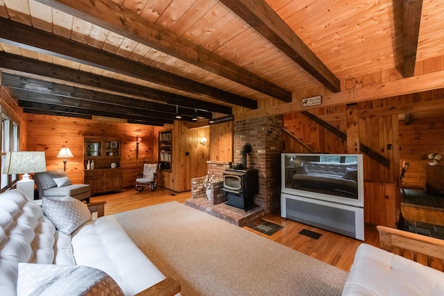 1206 Hollow Rd, Clinton Corners, NY 12514 - living room with wooden walls, a wood stove, wood ceiling with exposed beams, wood finished floors, and stairway