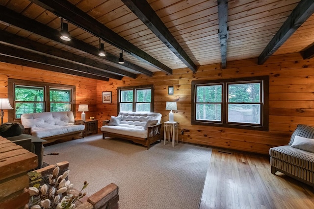 1206 Hollow Rd, Clinton Corners, NY 12514 - bedroom with wood ceiling with exposed beams, wooden walls, wood-type flooring, and rail lighting