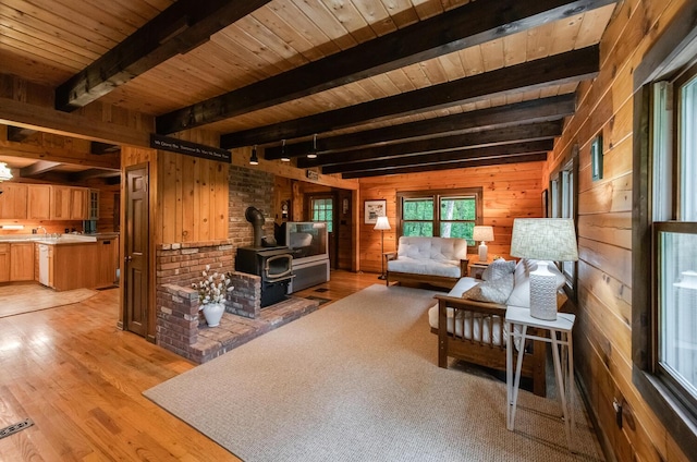 1206 Hollow Rd, Clinton Corners, NY 12514 - living area with wood walls, wood ceiling with exposed beams, a wood stove, and light wood finished floors