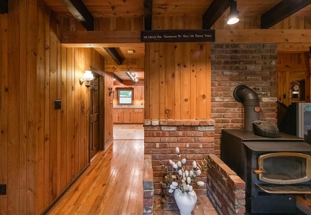 1206 Hollow Rd, Clinton Corners, NY 12514 - hallway featuring wooden walls, light wood-style flooring, and wooden ceiling with exposed beams