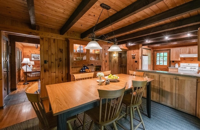 1206 Hollow Rd, Clinton Corners, NY 12514 - dining area with wood walls, wooden ceiling with exposed beams, and dark wood-type flooring