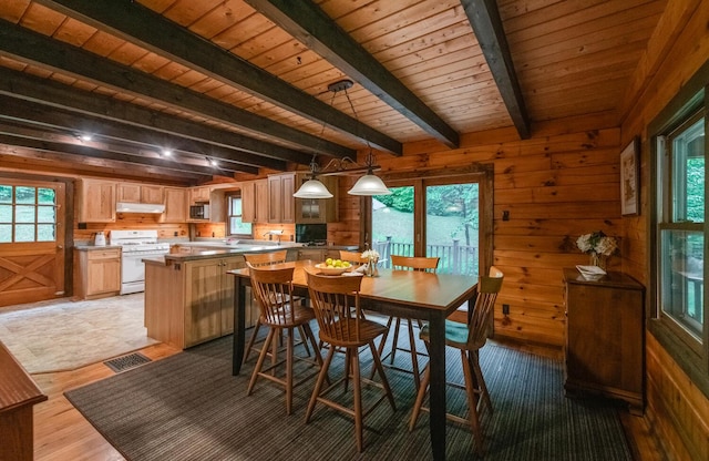 1206 Hollow Rd, Clinton Corners, NY 12514 - dining space with wood walls, wood ceiling with exposed beams, healthy amount of natural light, and light wood-type flooring