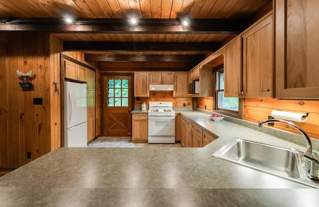 1206 Hollow Rd, Clinton Corners, NY 12514 - kitchen featuring white appliances, wood walls, wooden ceiling with exposed beams, a sink, and under cabinet range hood