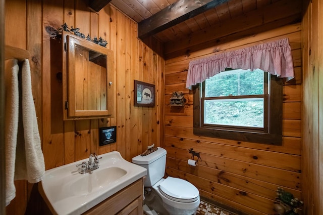1206 Hollow Rd, Clinton Corners, NY 12514 - half bath with wood ceiling with exposed beams, wooden walls, vanity, and toilet
