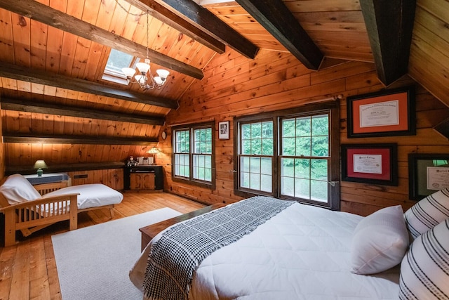 1206 Hollow Rd, Clinton Corners, NY 12514 - bedroom featuring light wood-type flooring, wood walls, wooden ceiling, and a chandelier