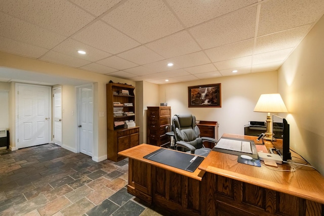 1206 Hollow Rd, Clinton Corners, NY 12514 - office space with a paneled ceiling, stone tile flooring, recessed lighting, and baseboards