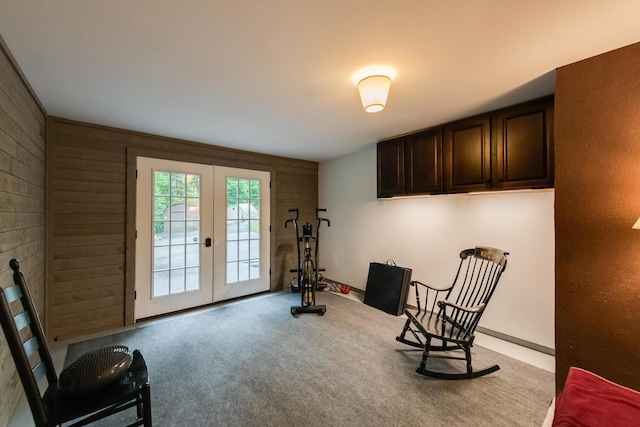 1206 Hollow Rd, Clinton Corners, NY 12514 - living area with french doors, carpet flooring, and wood walls