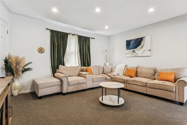 1343 E St, Elmont, NY 11003 - living area featuring carpet flooring, ornamental molding, recessed lighting, and baseboards