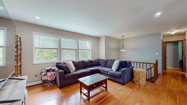 285 Riley Rd, New Windsor, NY 12553 - living area featuring light wood-style floors, attic access, a baseboard radiator, and recessed lighting