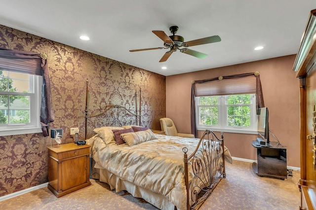 28 Bradford Rd, Plainview, NY 11803 - bedroom featuring multiple windows, recessed lighting, baseboards, and ceiling fan