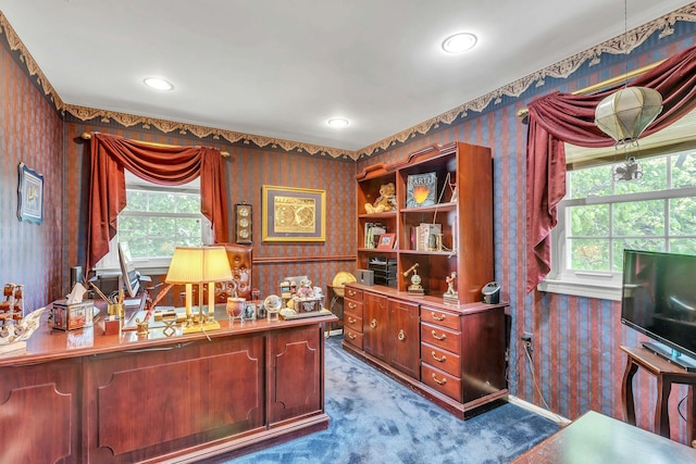 28 Bradford Rd, Plainview, NY 11803 - carpeted home office with wallpapered walls, plenty of natural light, and recessed lighting