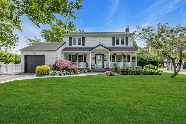 28 Bradford Rd, Plainview, NY 11803 - view of front facade with covered porch, a chimney, a garage, and driveway