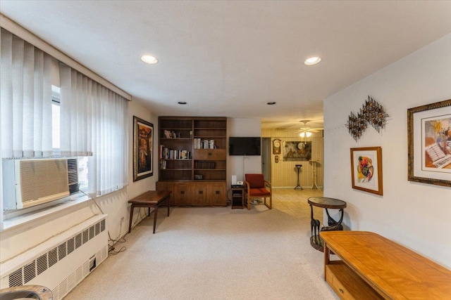 31-90 140th St Unit 3K, Flushing, NY 11354 - living area featuring radiator heating unit, recessed lighting, carpet, and ceiling fan