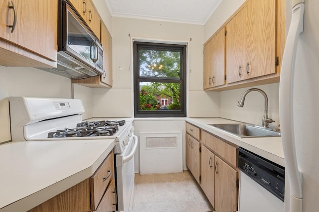 199-07 21st Ave Unit 1-361, Whitestone, NY 11357 - kitchen with white appliances, a sink, light countertops, crown molding, and light brown cabinetry