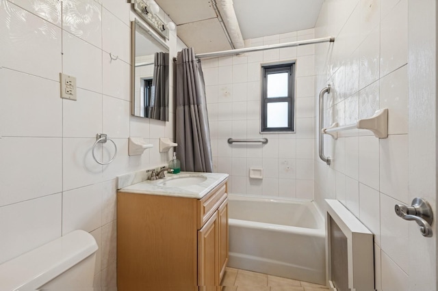 199-07 21st Ave Unit 1-361, Whitestone, NY 11357 - bathroom with tile walls, vanity, toilet, shower / bathtub combination with curtain, and tile patterned floors